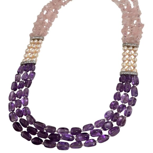 Three Strands Amethyst, Pearl, And Rose Quartz Necklace - Picture 2 of 3